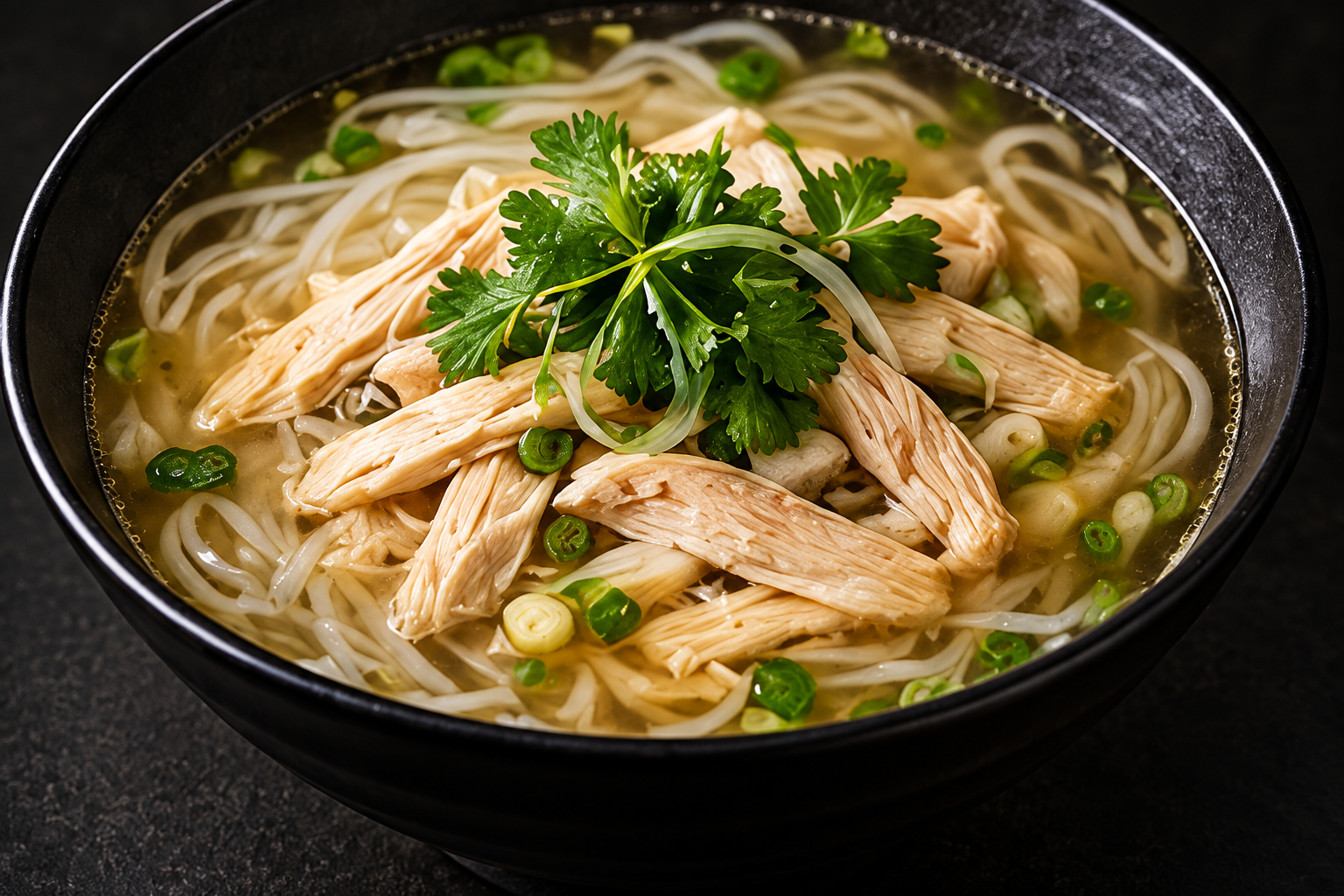 Chicken phở with rice noodles and fresh herbs